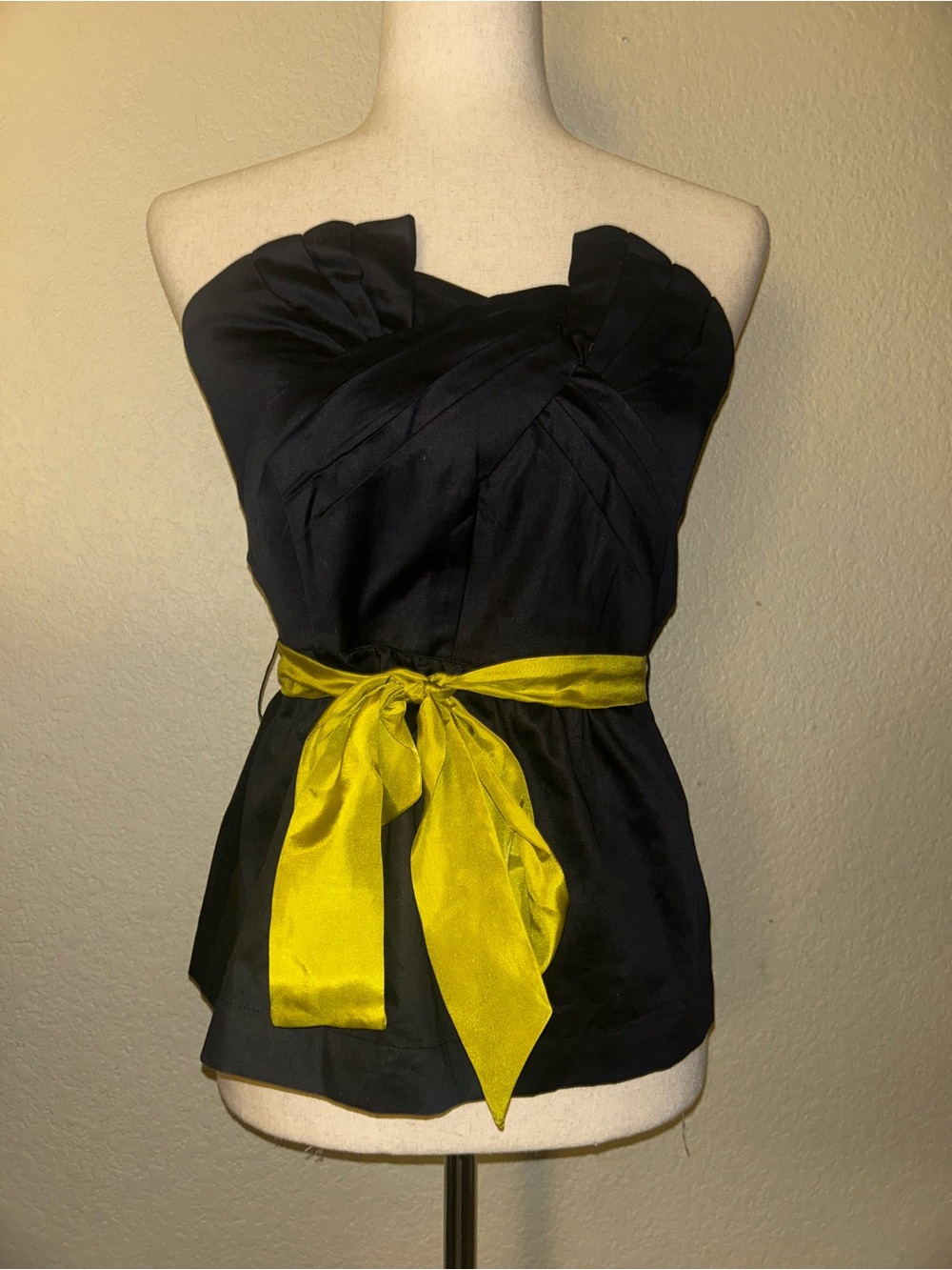 Odille by Anthropology Black Strapless Tube Top Yellow Green Sash Waist Belt